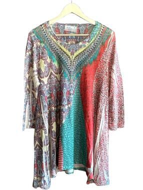 Cactus Womens Tunic Top Medium Multicolor 3/4 Sleeve Pullover Boho